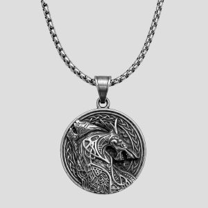 پلاک و گردنبند دو رو استیل وایکینگی طرح Howling Wolf کد Njd-26E0501